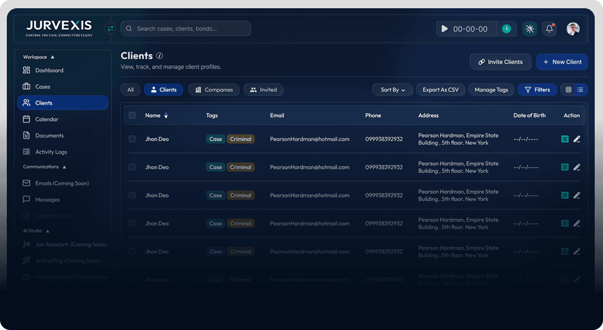 Jurvexis Legal Practice Management Platform Dashboard Preview